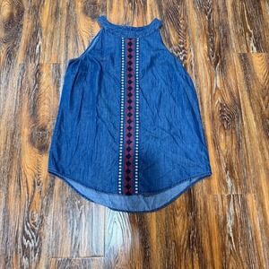 Est. 1946 Blue Denim Embroidered Halter Top Size M Wash High Neck Sleeveless